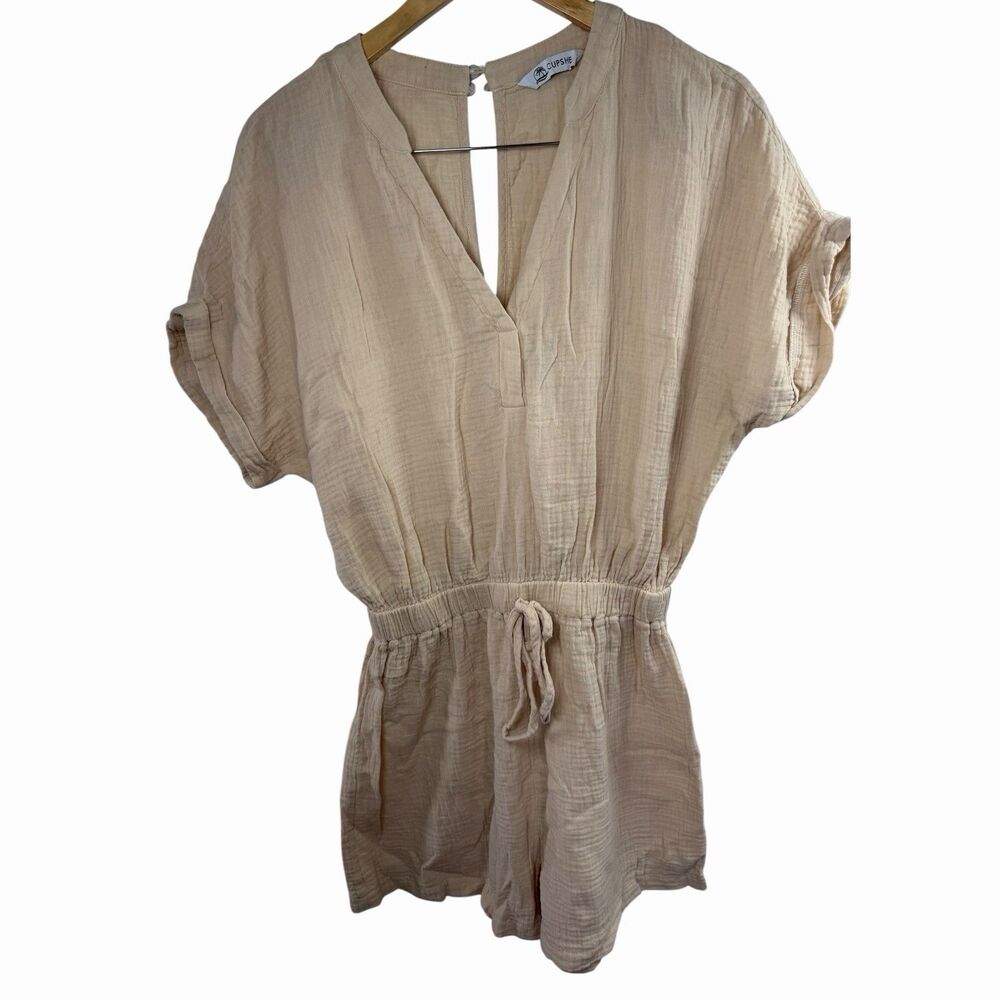 Cupshe Women’s Beige Gauze Romper V-Neck Drawstring Waist Short Sleeve Casual - Picture 6 of 14